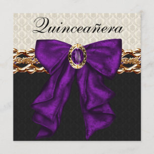 Gold Schwarzer Damast Lila Quinceanera Einladung