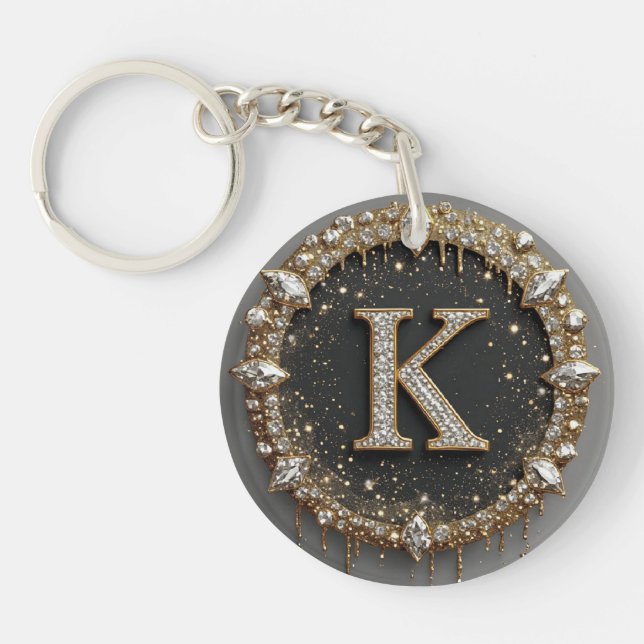 Gold Schwarzer Diamant Buchstabe K Geschenk Schlüsselanhänger (Vorderseite)