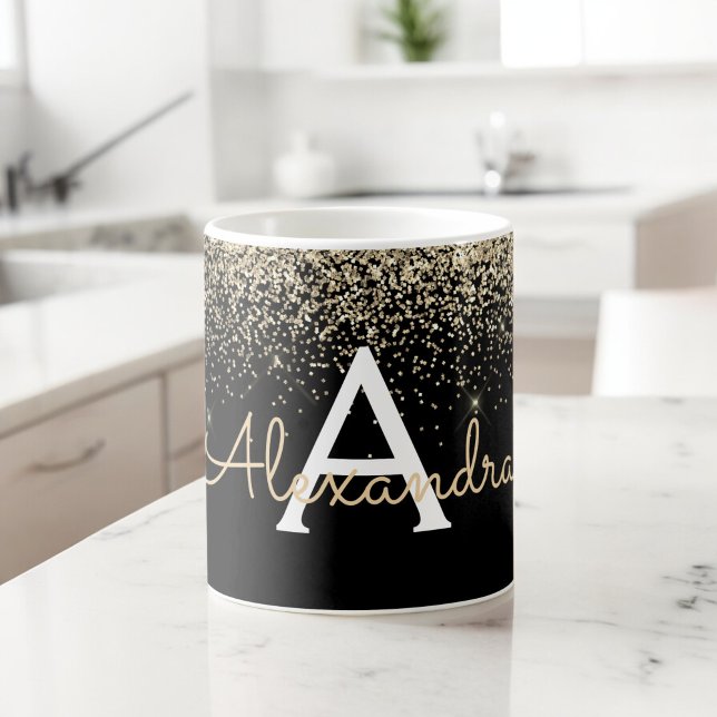 Gold Schwarzer Glitter Funkeln Monogramm Name Kaffeetasse (Von Creator hochgeladen)