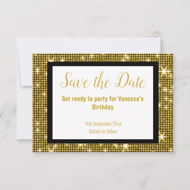 GOLD SCHWARZES DISCO PARTY SAVE THE DATE weiß Ankündigung (Vorderseite)