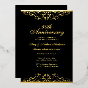 Gold Schwarzes Elegantes Wirbeln 50. Hochzeitstag  Folieneinladung