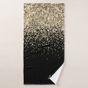 Gold Schwarzes Glitter Girly Monogramm Anfangsbuch Badehandtuch