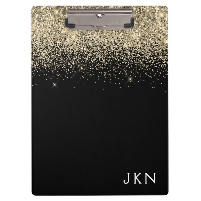 Gold Schwarzes Glitter Girly Monogramm Anfangsbuch Klemmbrett (Vorderseite)