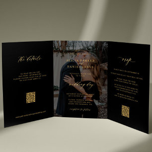 Gold-schwarzes Hochzeits-RSVP-Details-QR-Code-Foto Dreifach Gefaltete Einladung