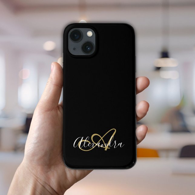 Gold Schwarzes Mädchenname Monogramm Case-Mate iPhone Hülle (Elegant Gold Black Girly Script Name Monogram Case-Mate iPhone Case)