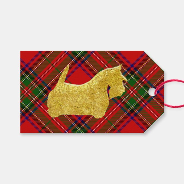 Gold Scottie Dog Kariert Geschenkanhänger (Vorderseite (Horizontal))
