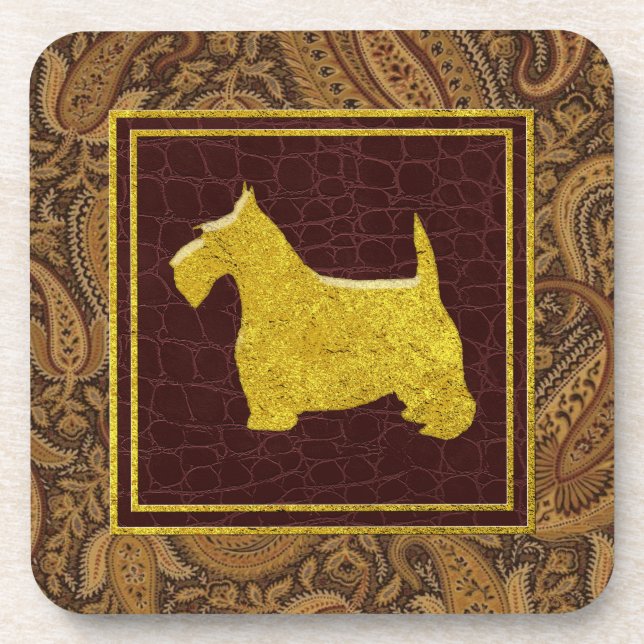 Gold Scottish Terrier Paisley and Leather Patterns Getränkeuntersetzer (Vorderseite)
