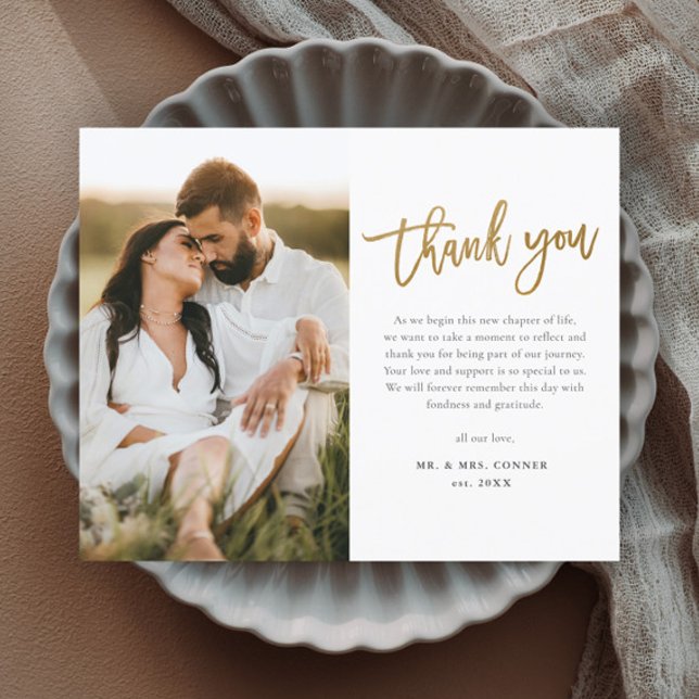 Gold Script 2 Foto Hochzeit Dankeschön Karte (Modern gold script wedding photo budget thank you card.)