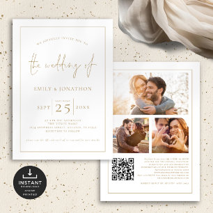 Gold Script 3 Fotos Line Border QR Code Hochzeit Einladung