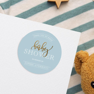 Gold-Script auf Pastel Blue   Babydusche Vielen Da Runder Aufkleber