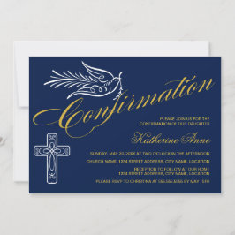 Gold-Script-Bestätigungstext mit Kreuz und Taube Einladung