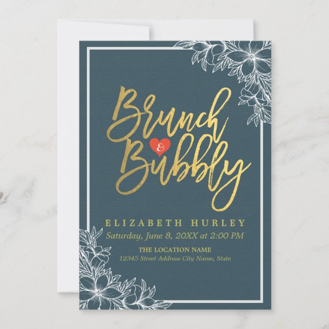 Gold Script Bloral Brunch Bubbly Brautparty Einladung (Vorderseite)