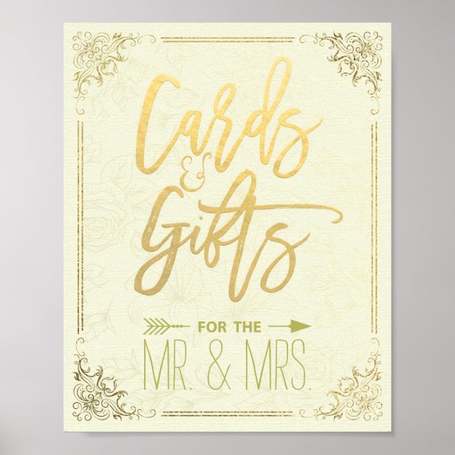 Gold Script Blumenrahmen Karten Geschenke Hochzeit Poster (Vorne)
