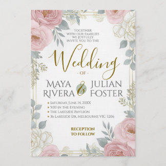 Gold Script Blush Pink Dusty Blue Floral Wedding Einladung