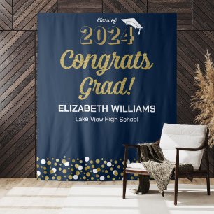 Gold Script Confetti Glückwunschs Grad Blue Hinter Wandteppich
