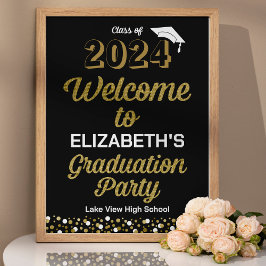 Gold Script Confetti Grad Party Black Welcome Sign Poster