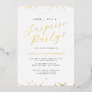 Gold Script Confetti Überraschung Party Folieneinladung