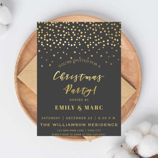Gold Script & Confetti | Weihnachts-Party Einladung (Von Creator hochgeladen)