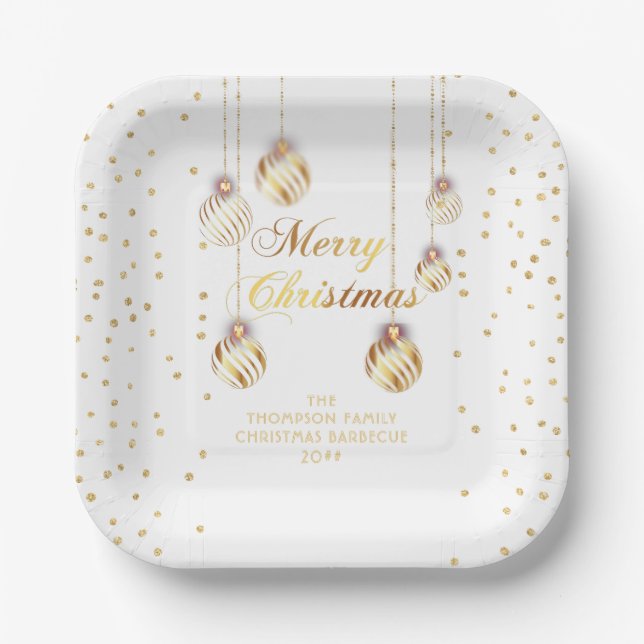 Gold Script Confetti White Family Weihnachtsballs Pappteller (Vorderseite)