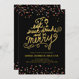 Gold Script Eat Drink Merry Confetti Holiday Party Einladung