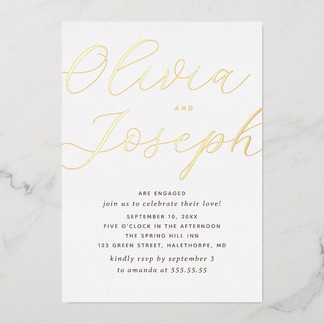 Gold-Script-Engagement | Minimalistisches Foto Folieneinladung (Vorderseite)