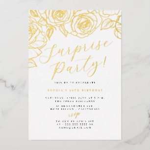 Gold Script Floral Surprise Party Folieneinladung