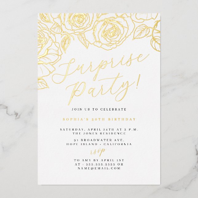 Gold Script Floral Surprise Party Folieneinladung (Vorderseite)