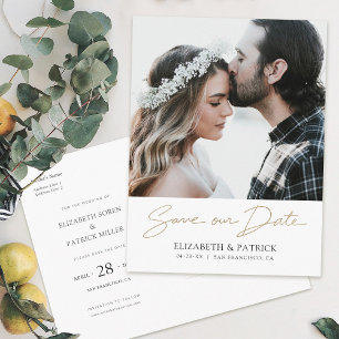 Gold Script Foto Save the Date Hochzeit Einladungspostkarte