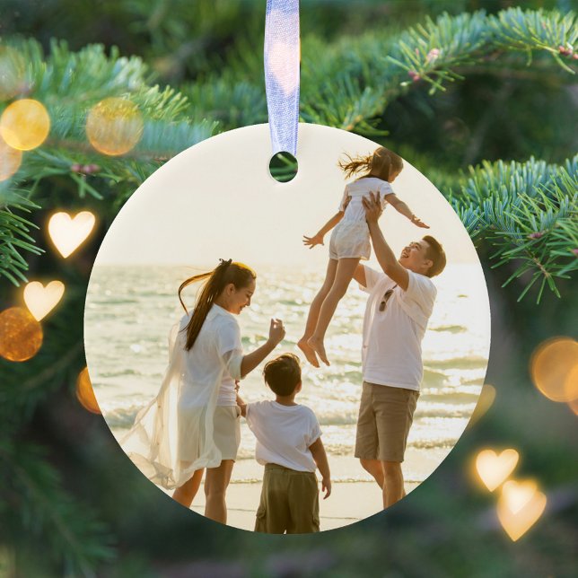 Gold Script Freude Weihnachten Foto Custom Keramik Ornament (Simple photo gold calligraphy script photo ornament. )