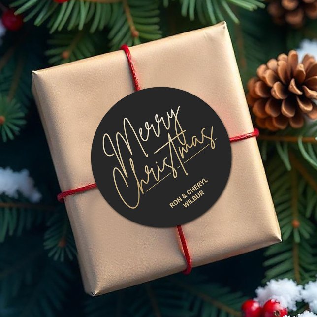 Gold Script Frohe Weihnachten auf Black Runder Aufkleber (Merry Christmas in gold script on black 3" round stickers)