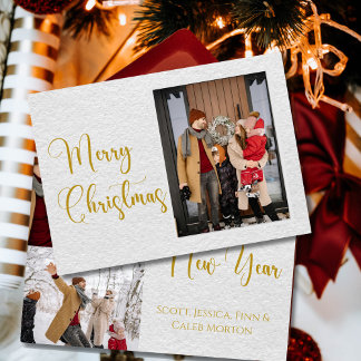 Gold Script Frohe Weihnachtsfamilie Foto Card Feiertagskarte