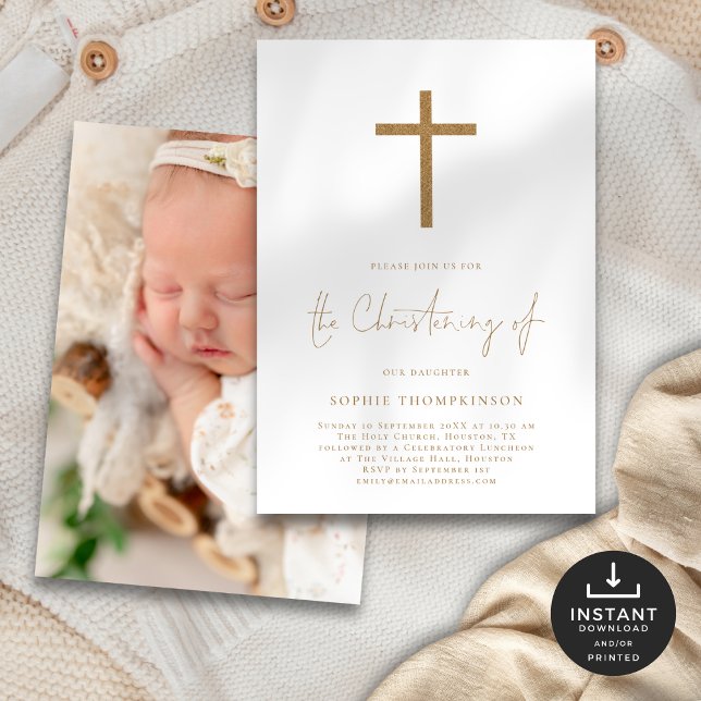 Gold Script Glitzer Cross Foto Christening Einladung (Von Creator hochgeladen)