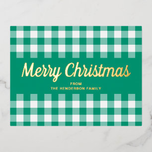 Gold Script Green Gingham Frohe Weihnachten Folien Feiertagspostkarte