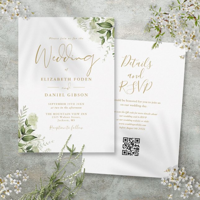 Gold Script Greenery QR Code Wedding Einladung (Gold Script Greenery Floral QR Code Wedding Invitation)