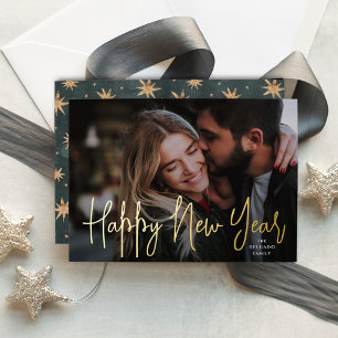 Gold Script Happy New Year Foto Folien Feiertagskarte