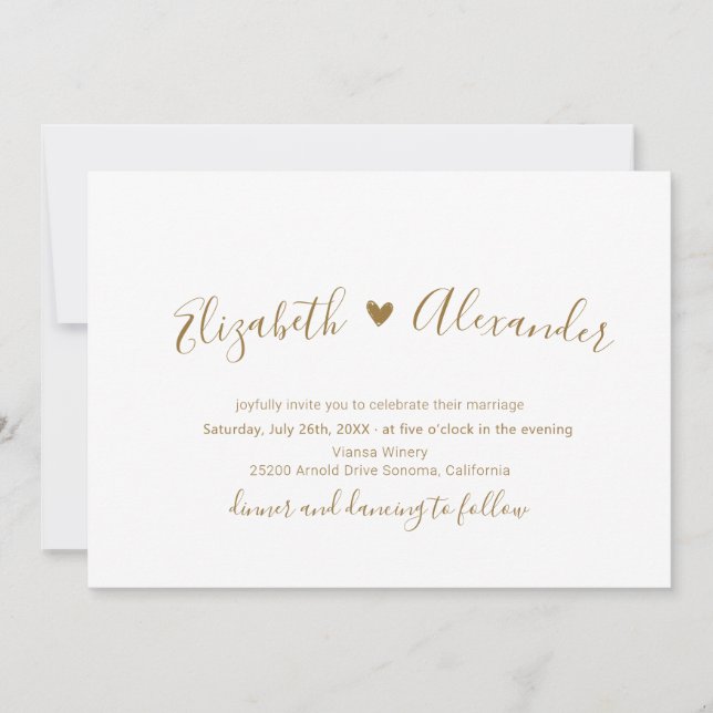 Gold Script Heart All in One QR Code Wedding Einladung (Vorderseite)