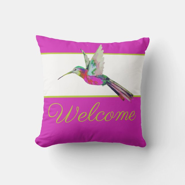 Gold Script Hummingbird Wasserfarbe Rosa Willkomme Kissen (Vorderseite)
