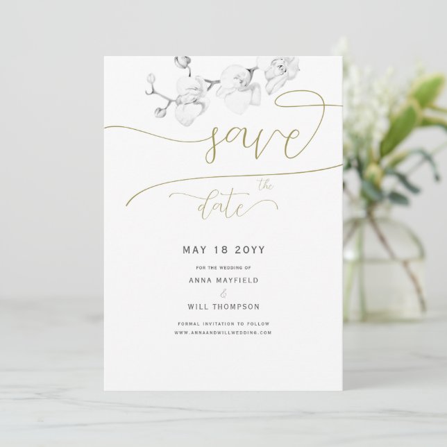 Gold Script Moderne Orchid Wedding Save the Date Einladung (Stehend Vorderseite)