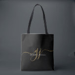 Gold Script Monogram Black<br><div class="desc">Eine schicke,  moderne,  goldfarbene Monogramm auf schwarzem Totbeutel,  mit einem dramatischen Skript,  das mit Swashes beginnt und in einem modernen Serifentyp Ihren vollen Namen trägt.</div>