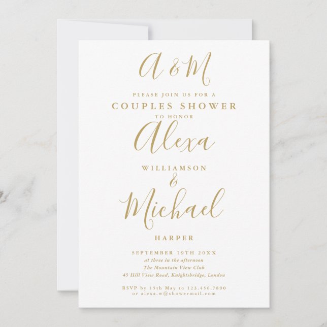 Gold Script Monogram Couples Bridal Polterabend Einladung (Vorderseite)