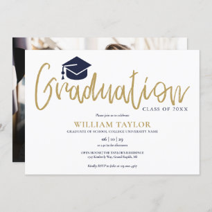 Gold Script Navy Blue Foto Graduation Party Einladung