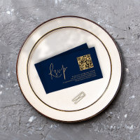 Gold Script Navy Blue QR Code Wedding RSVP