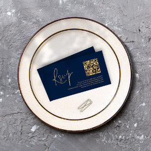 Gold Script Navy Blue QR Code Wedding RSVP Begleitkarte