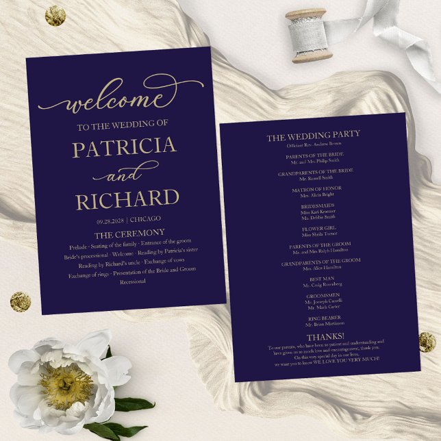 Gold Script Navy Blue Wedding Program Programm (Von Creator hochgeladen)
