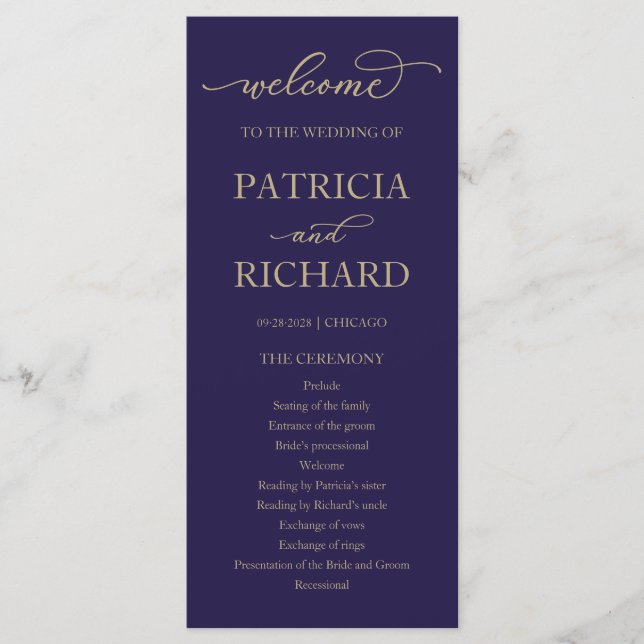 Gold Script Navy Blue Wedding Program Programm (Vorderseite)