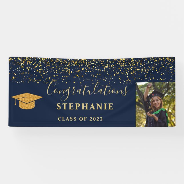 Gold Script Navy Confetti Herzlichen Glückwunsch G Banner (Horizontal)