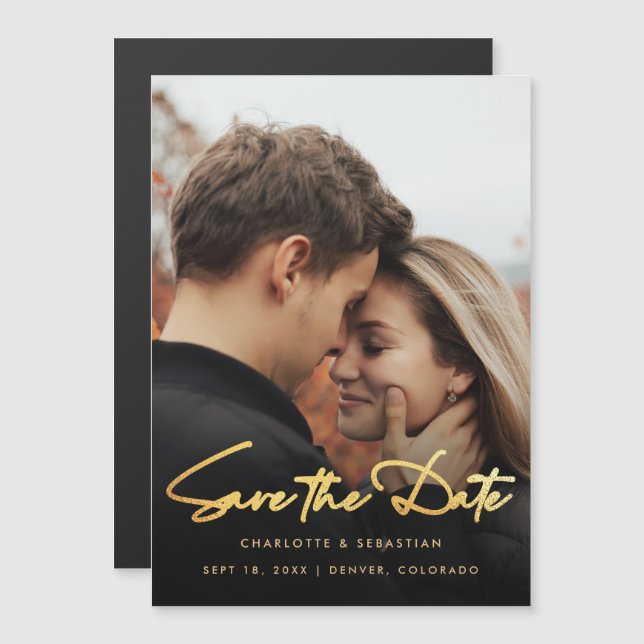 Gold Script Overlay-Foto Save the Date Magneteinladung (Vorne/Hinten)