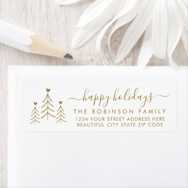 Gold Script Pine Christmas Return Address Label (Insitu)