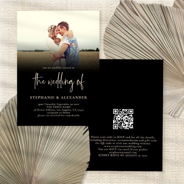 Gold Script QR Code Black Foto Overlay Hochzeit Einladung (Von Creator hochgeladen)