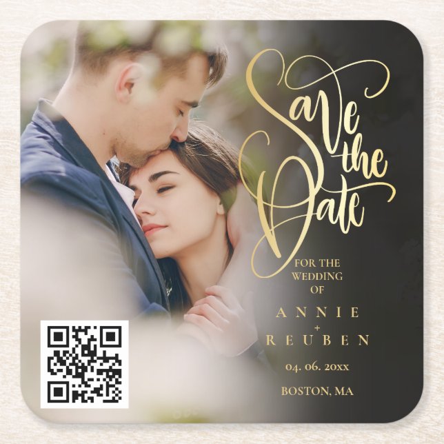 Gold Script QR Code Foto Save the Date Rechteckiger Pappuntersetzer (Vorderseite)